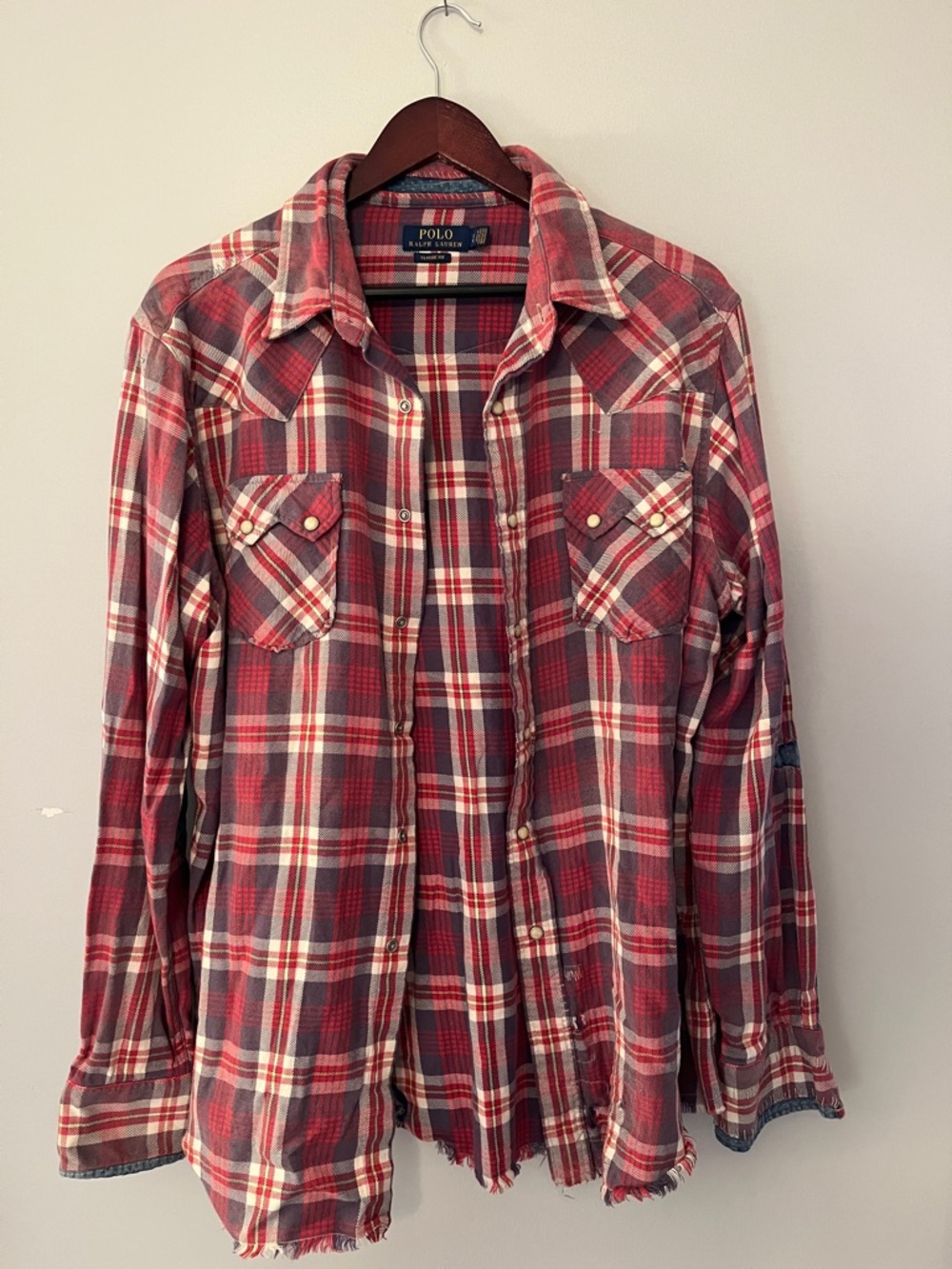 Polo Ralph Lauren Red Plaid Button-Up Shirt with Denim Patches & Frayed Bottom